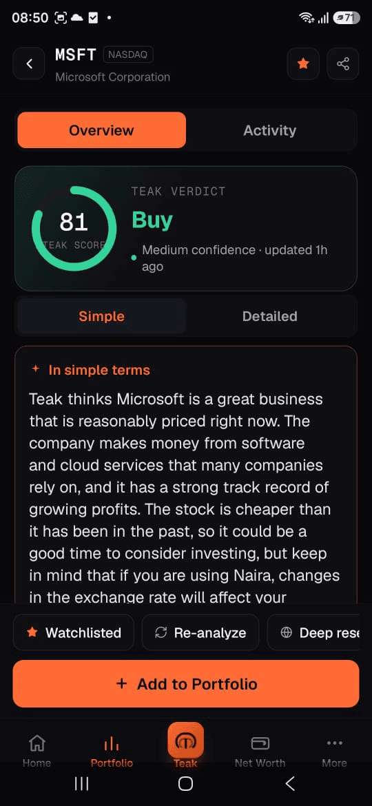 AlphaTeak stock analysis for MSFT showing a Teak Score of 81 and a Buy verdict